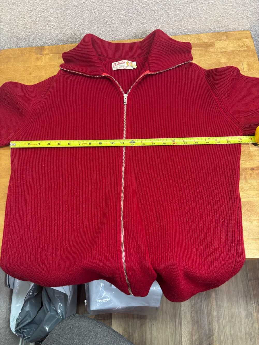 Vintage B Teller Austria 100% Pure New Wool Zip Sweater Burgundy Rib Knit XL - Picture 8 of 9
